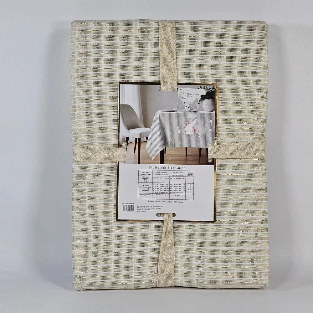 New Badgley Mischka Tablecloth 60x84 Rectangular Gold Ivory Metallic Striped
